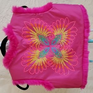 Neon Fushia Faux Fur Vest w/ Hand Embellished Design